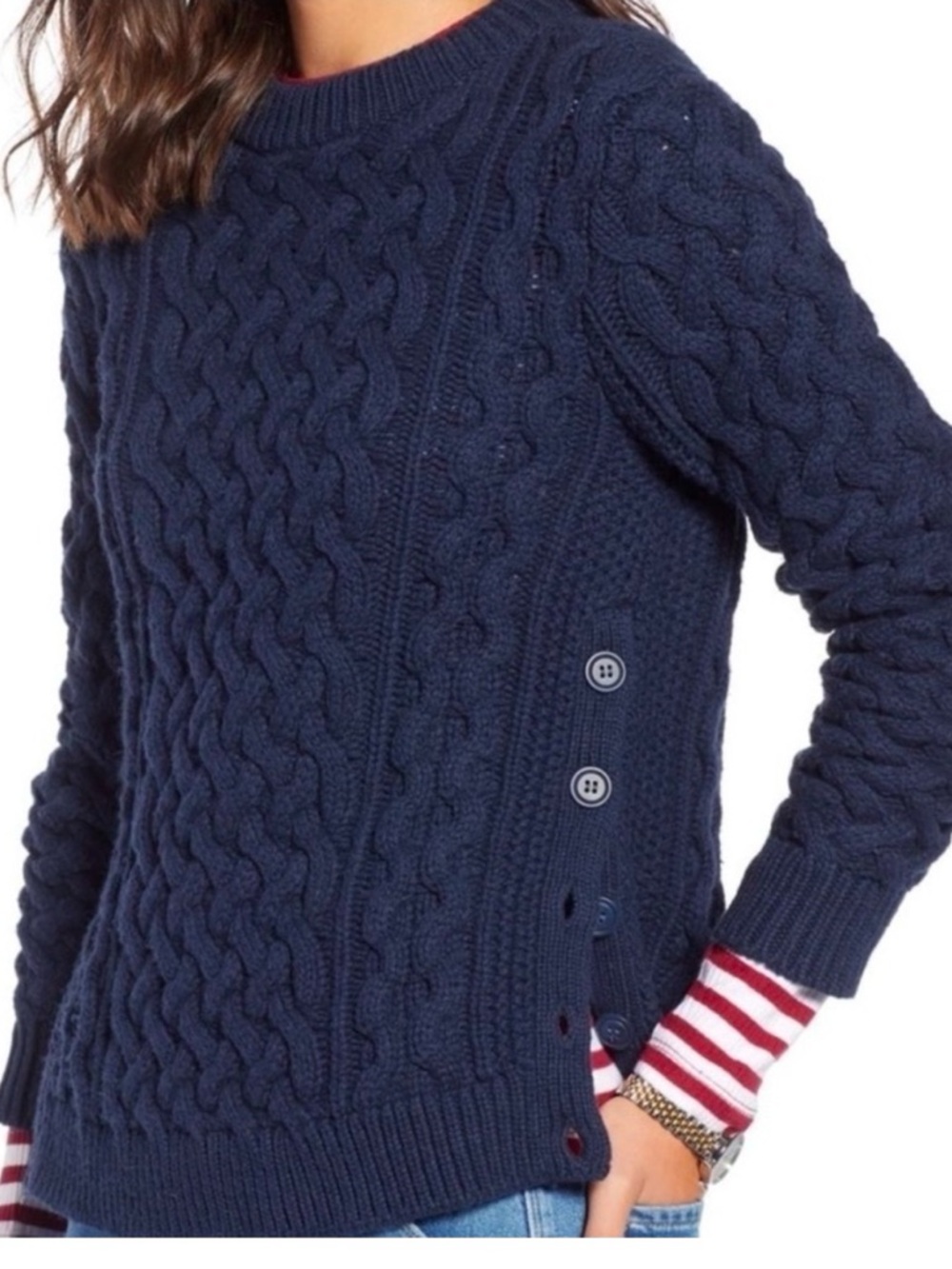 1901 Navy Cable-Knit Crewneck Sweater with Side Buttons